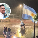 Con una enorme bandera en medio del viento y la lluvia, misionero protagonizó una de las postales del Mundial