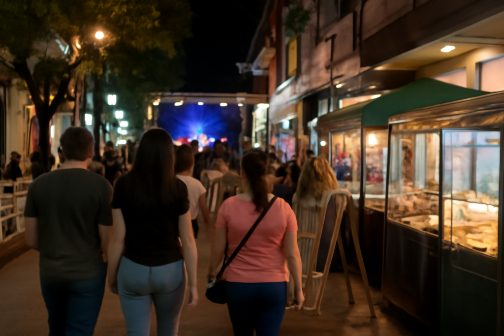 Paseo comercial y escenario en el Black Friday Posadas con público y puestos