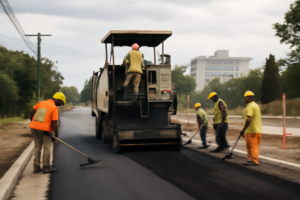 Máquina asfaltadora y obra vial en el acceso a la Unau en San Vicente