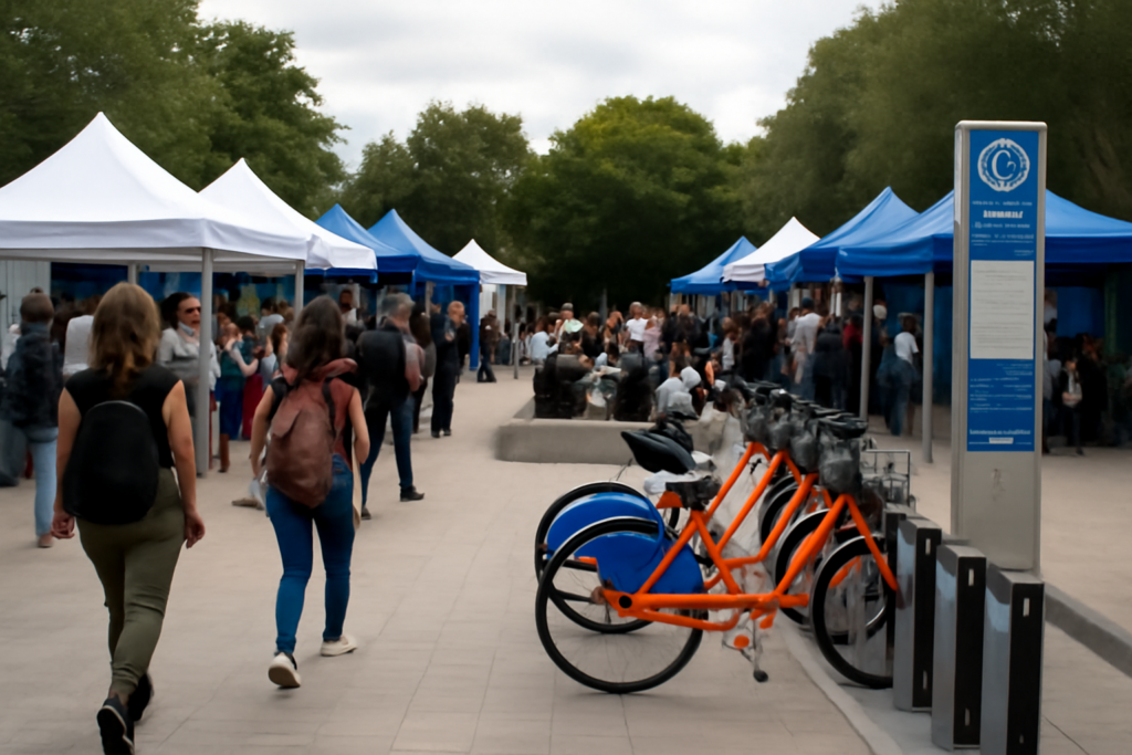 Jóvenes recorriendo stands en la Expo Posadas Ciudad Universitaria con estación de bicicletas en primer plano