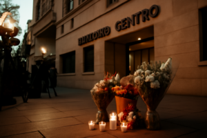 Fachada del Sanatorio Centro de Rosario y ofrendas por el fallecimiento de Jorge Messi
