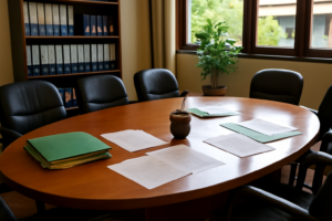Sala de directorio vacía con expedientes y plantas de yerba, ilustrando la desregulación en el INYM