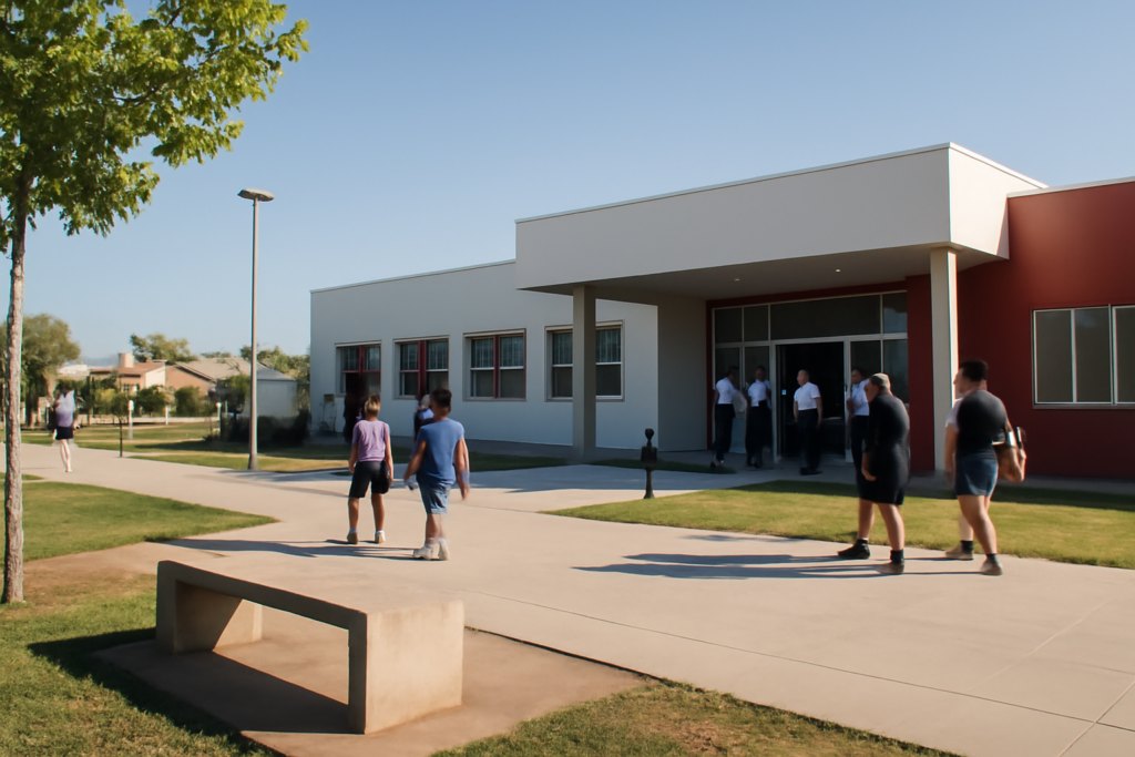 Fachada de escuela moderna en Itaembé Guazú con personas desenfocadas, ilustrando la Escuela Secundaria de Innovación en Itaembé Guazú