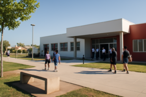 Fachada de escuela moderna en Itaembé Guazú con personas desenfocadas, ilustrando la Escuela Secundaria de Innovación en Itaembé Guazú