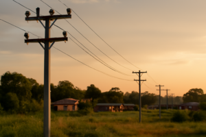 Línea de 33 kV en El Soberbio sobre postes de hormigón, con talleres y viviendas rurales al fondo