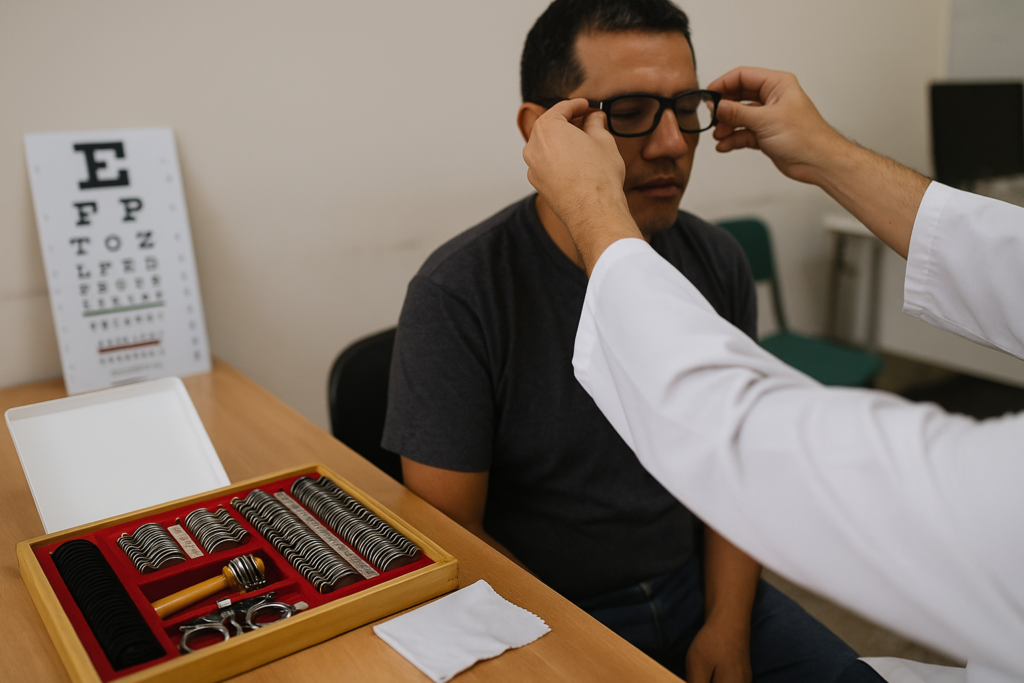 Personal de salud ajustando anteojos durante Mirar Mejor en Gobernador López