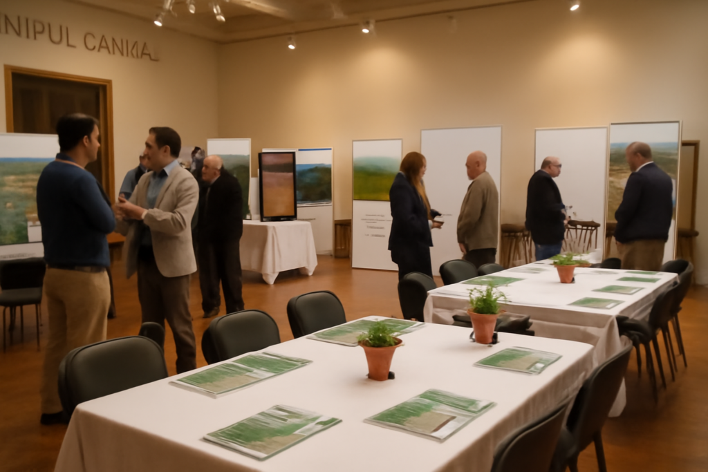 Salón del museo con stands y plantas en cumbre agricultura sostenible Misiones