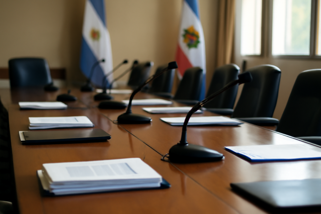 Sala de reunión institucional con documentos y banderas, representando a Misiones en el Consejo Federal de Justicia