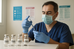Profesional de salud preparando vacuna nanovalente en centro de salud de Misiones, Gardasil 9 en Misiones