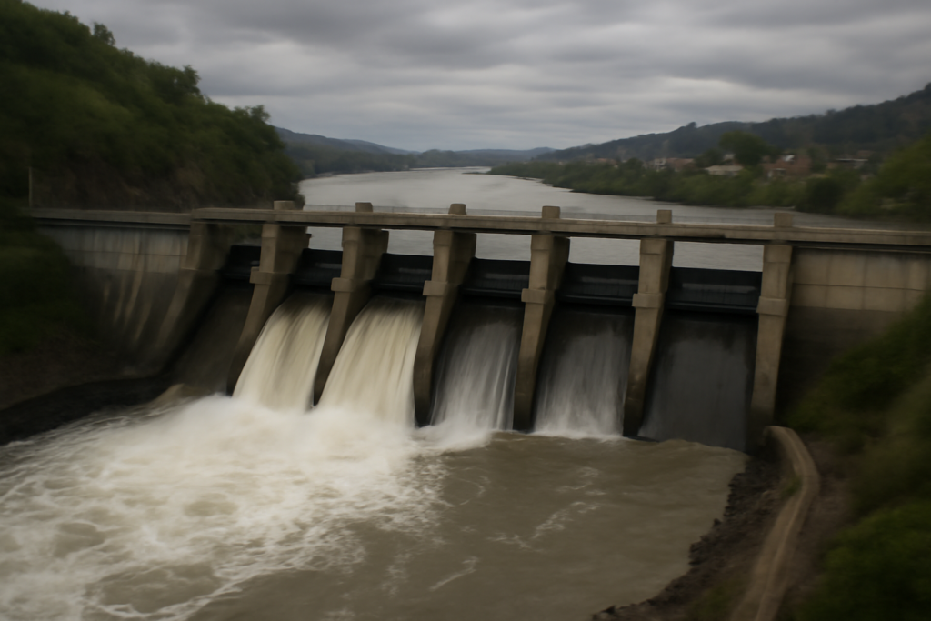 Vista de la represa y el río mostrando el manejo del caudal de la represa Chapecó