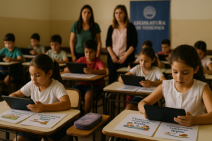 Alumnos en aula usando tablets con material del Digesto Educativo Misiones