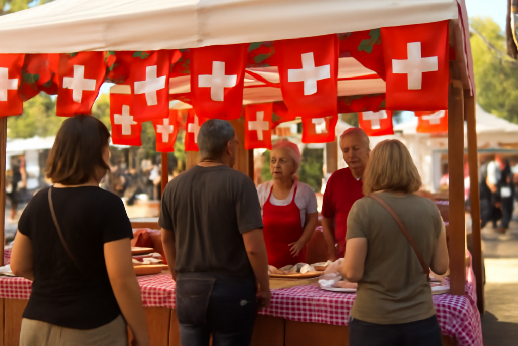 Stand de la Colectividad Suiza en la Fiesta del Inmigrante en Oberá, representando a Pamela Ruiz reina suiza Oberá