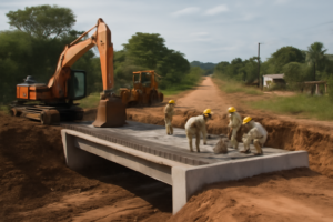Construcción de un puente rural en Profundidad, mostrando maquinaria y caminos, puente en Profundidad