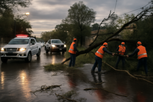 Equipos de emergencia en operativo de asistencia temporal en Misiones quitando un árbol caído