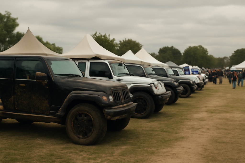 Concentración de jeeps en Jeep Fest San Vicente con carpas y público disperso