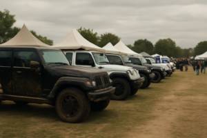 Concentración de jeeps en Jeep Fest San Vicente con carpas y público disperso