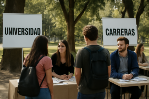 Visitantes en puestos informativos de la Expo Ciudad Universitaria Posadas en Parque La Cascada