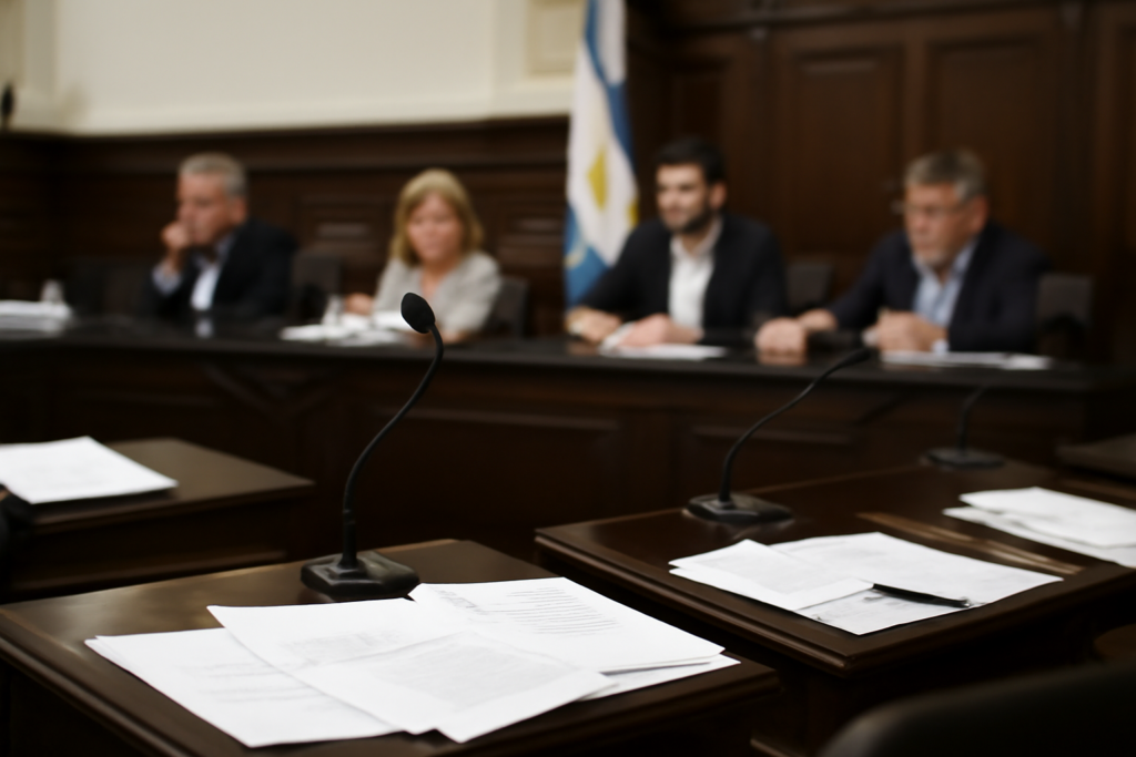 Interior de una cámara legislativa con comisión reunida, ilustración del debate sobre el Presupuesto provincial 2027