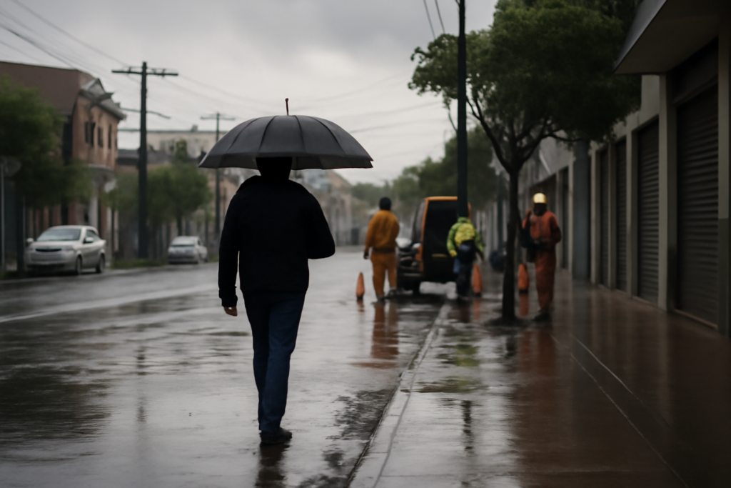 Calle de Posadas bajo lluvia con operarios trabajando, pronóstico Misiones