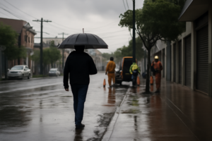 Calle de Posadas bajo lluvia con operarios trabajando, pronóstico Misiones