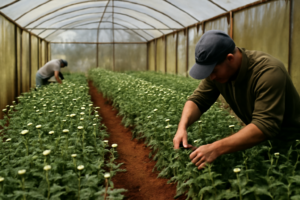 Invernadero con plantines de crisantemo: floricultura en Misiones