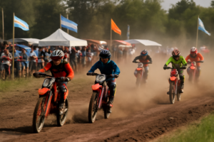 Pilotos en circuito de la Trilla La Piara en Alem con público y carpas, mostrando la competencia y el movimiento en la zona.