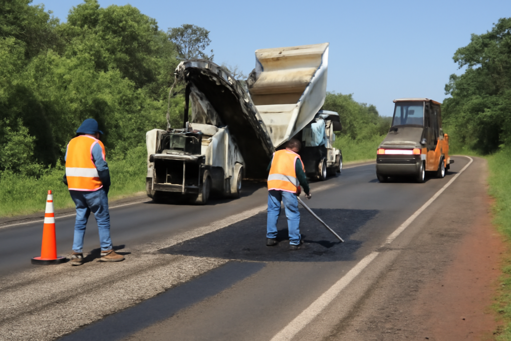 Maquinaria y obreros realizando bacheo en Misiones sobre ruta provincial con repavimentación