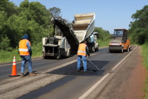 Maquinaria y obreros realizando bacheo en Misiones sobre ruta provincial con repavimentación