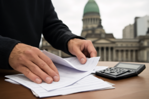 Manos organizando documentos y calculadora junto a imagen desenfocada del Congreso, representando el Programa Nacional de Desendeudamiento Familiar