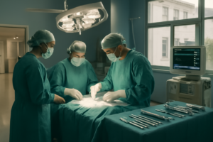 Quirófano y equipo médico en representación de Hospital Favaloro cirugías