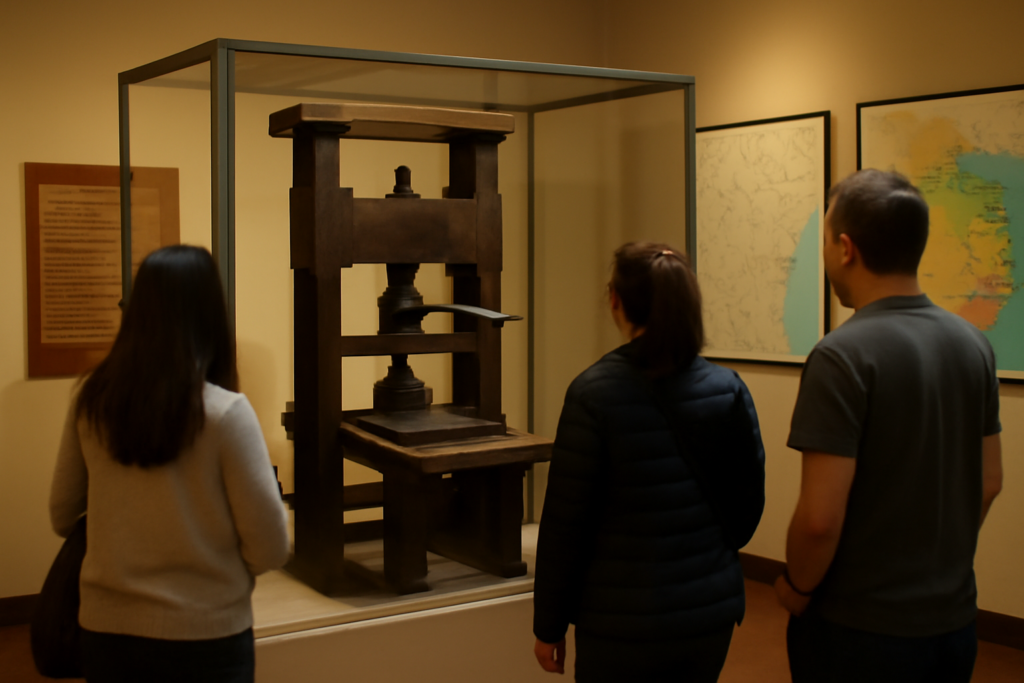 Imprenta antigua en exhibición en sala de museo relacionada con el Simposio Legado Guaraní Jesuítico