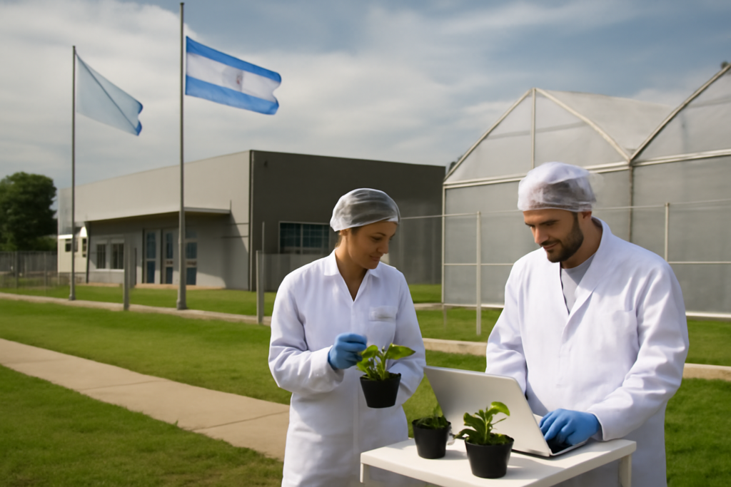 Instalaciones de Biofábrica con técnicos y equipos, cooperación Misiones y Buenos Aires
