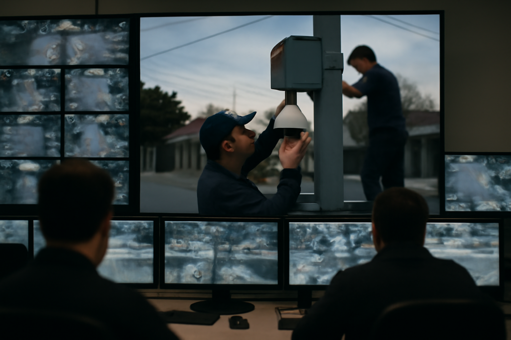 Sala de monitoreo y técnico instalando cámara de seguridad en Misiones