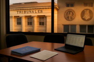 Fachada judicial y sala de coordinación que ilustra el régimen penal juvenil en Misiones