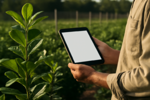 Chacra de yerba mate con tablet que sugiere trazabilidad y el reordenamiento del Inym