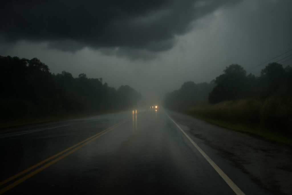 Ruta del norte de Misiones bajo tormenta, ilustrando la alerta amarilla