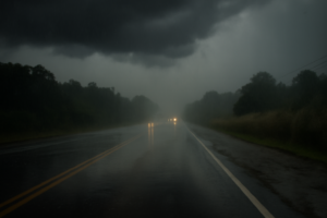 Ruta del norte de Misiones bajo tormenta, ilustrando la alerta amarilla