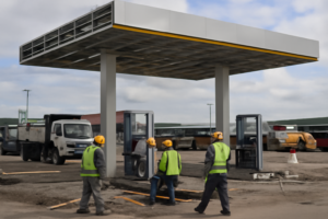 Estación de servicio en construcción en el predio del Mercado Central, con surtidores y obras; estación de servicio Mercado Central Posadas