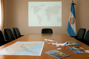 Mesa con mapas y maquetas que ilustran la conectividad aérea Misiones