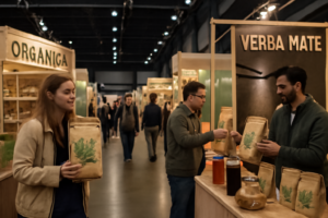 Stands de yerba mate de Misiones en Matear 2026 con productos y visitantes en La Rural