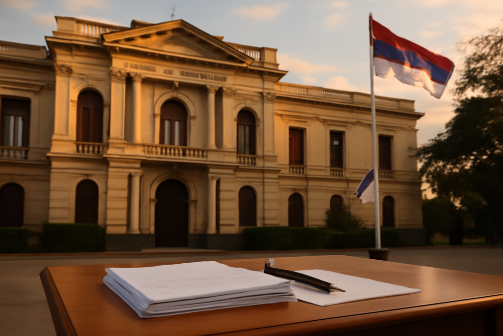 Fachada de la Casa de Gobierno de Misiones y documentos que representan el aumento salarial 8,5%