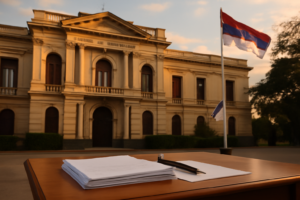 Fachada de la Casa de Gobierno de Misiones y documentos que representan el aumento salarial 8,5%