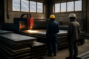 Interior de planta metalmecánica con cortadora láser y paneles solares en Tecnología Arme Misiones