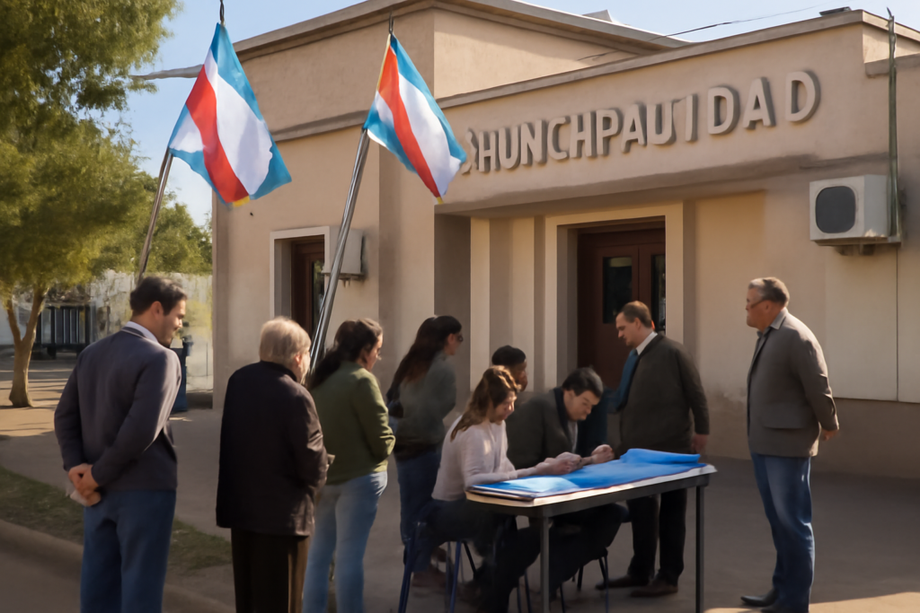 Fachada municipal y reunión en la calle en Pozo Azul por la municipalización Pozo Azul
