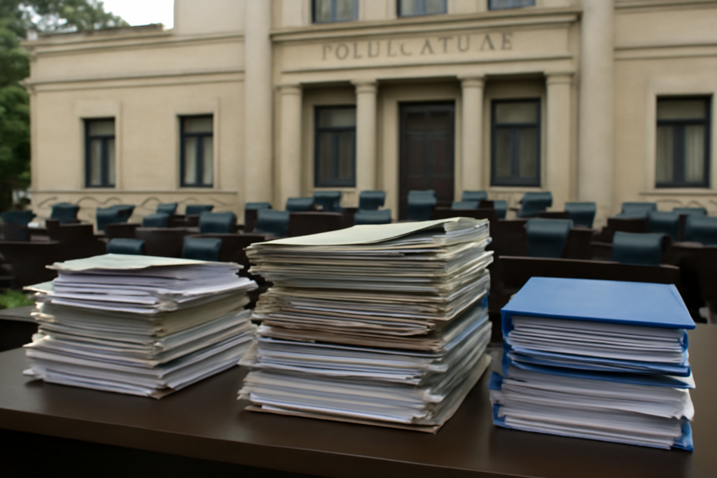 Expedientes sobre empresas estatales frente al edificio del Tribunal de Cuentas