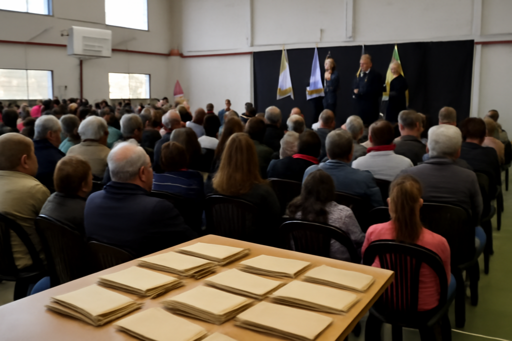 Acto comunitario en polideportivo municipal con entrega de documentos y público, entrega de títulos Aristóbulo del Valle