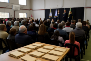 Acto comunitario en polideportivo municipal con entrega de documentos y público, entrega de títulos Aristóbulo del Valle