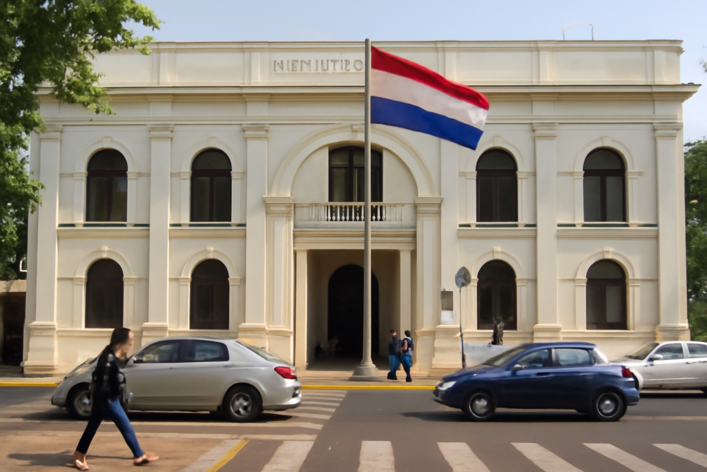 Fachada del edificio municipal de Encarnación con bandera, Sebastián Remesowski intendente Encarnación