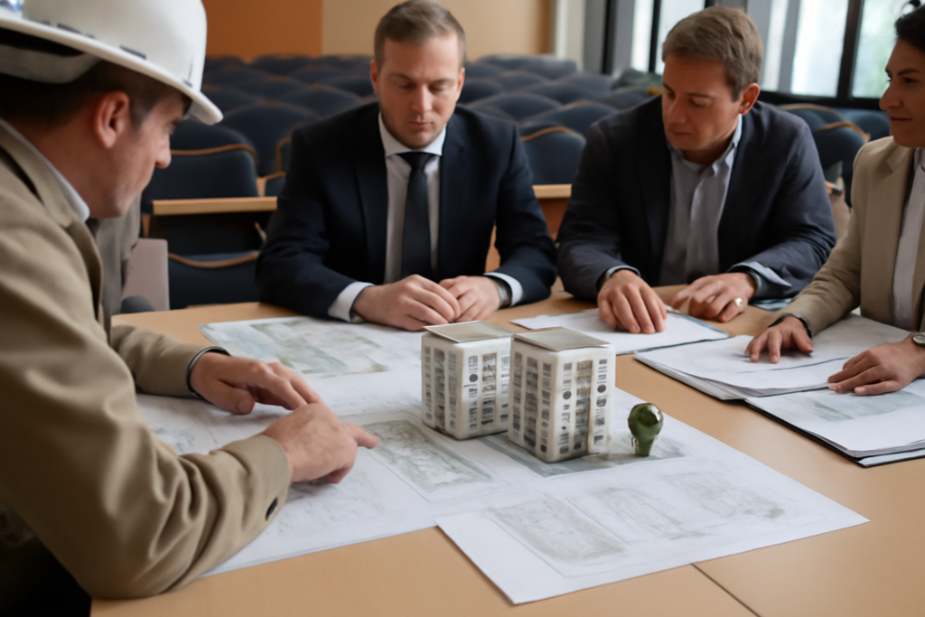 Reunión institucional con planos y maquetas de obras habitacionales en Misiones