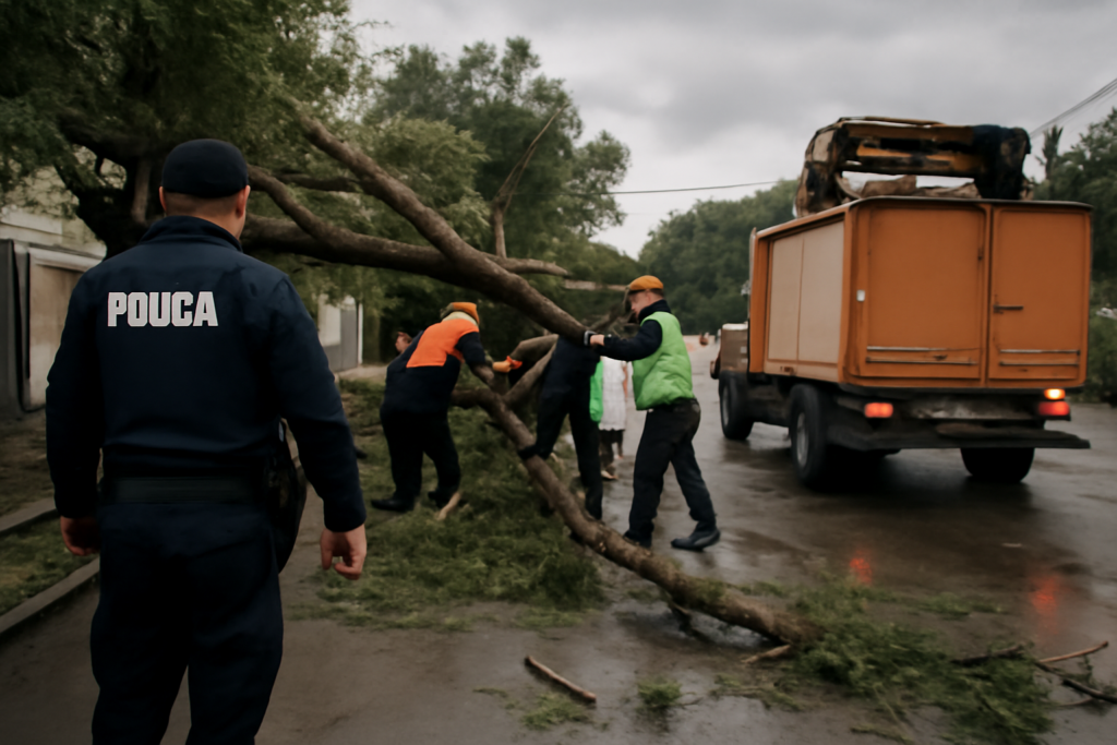 Operativo de asistencia tras el temporal en Misiones con personal retirando un árbol caído